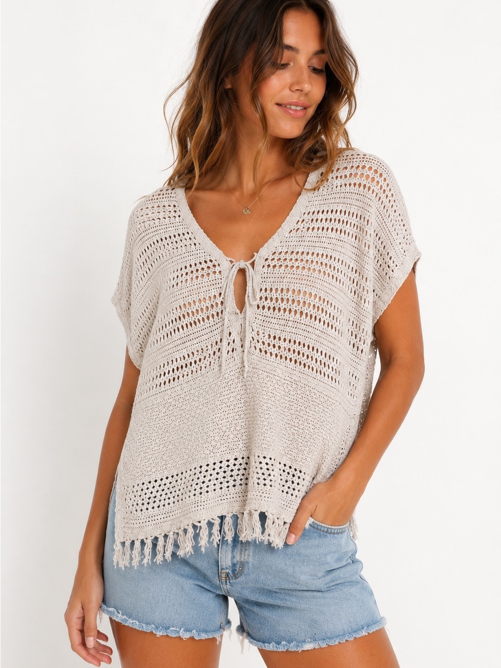Old Navy Crochet Knit Poncho Top Small Oatmeal Boho Beach Cover Up Tassel